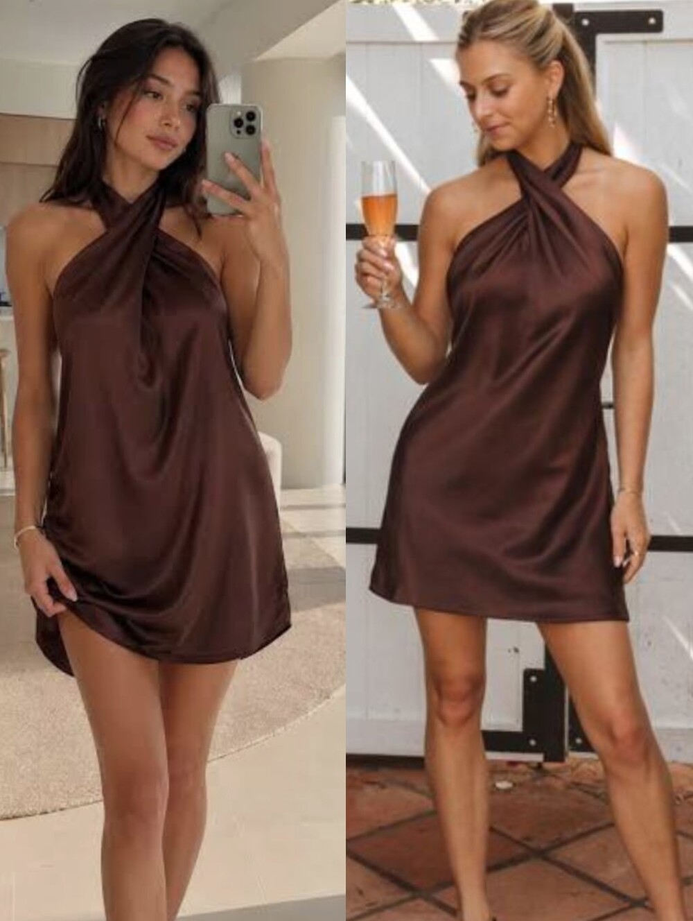 NWT Show Me Your Mumu Jasmine Halter Mini Dress in Chocolate Luxe Satin